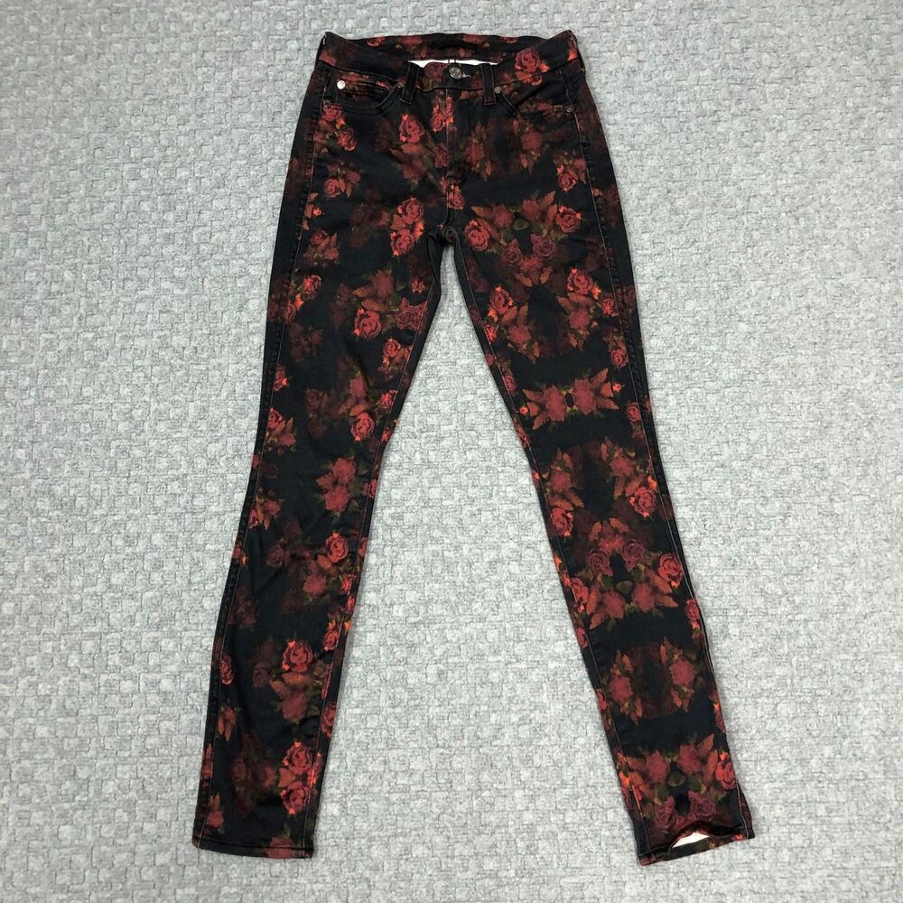 7 For All Mankind Skinny Jeans Womens 23 Black Floral Rose Print Stretch USA Day